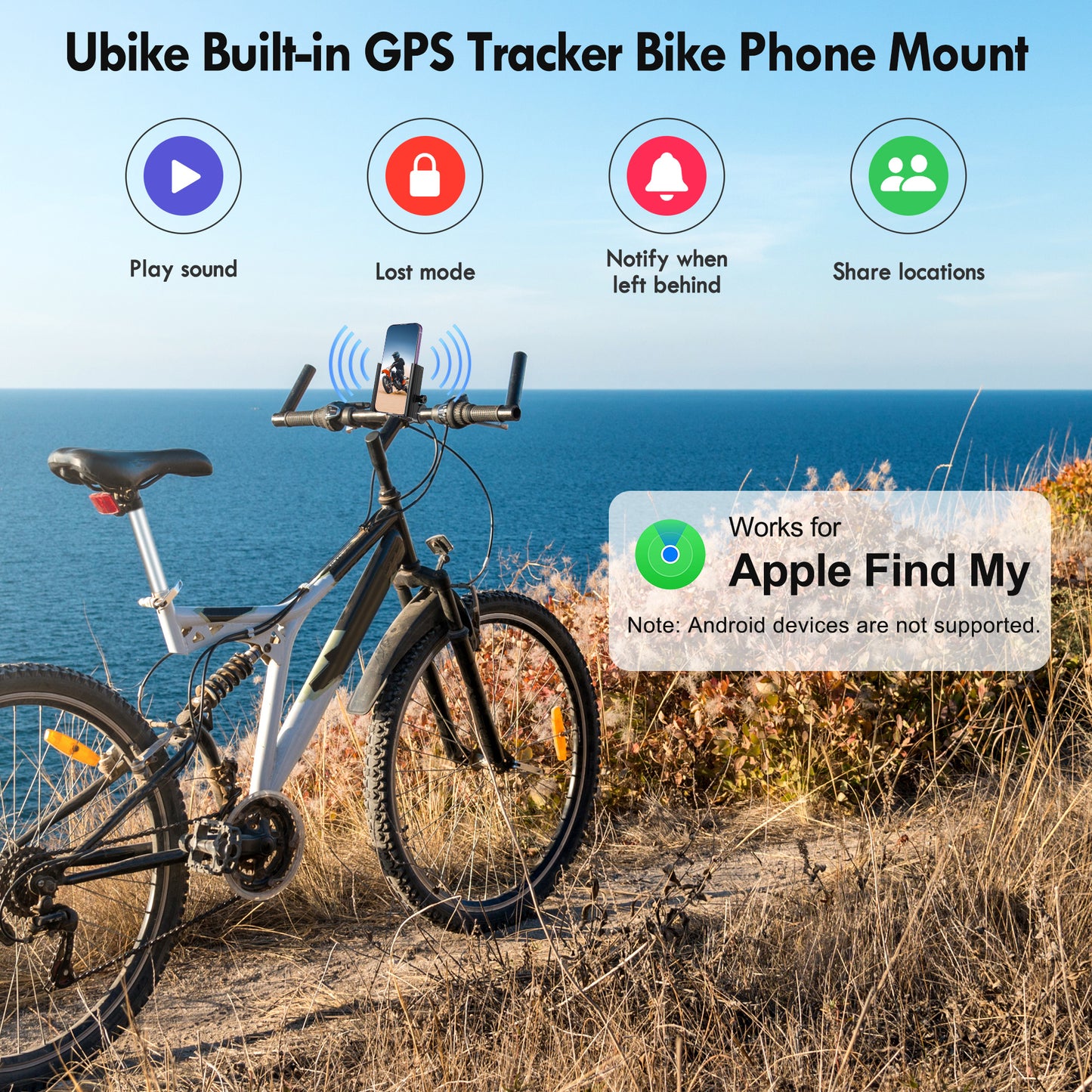 Ubike GPS Tracker Bike Phone Mount, Hidden Bicycle Phone Mount Tracker Compatible with Apple Find My (iOS Only),Lost Mode, No Monthly Fee, Built-in GPS Tracker Motorcycle Handlebar Clamp for iPhone Lulaven