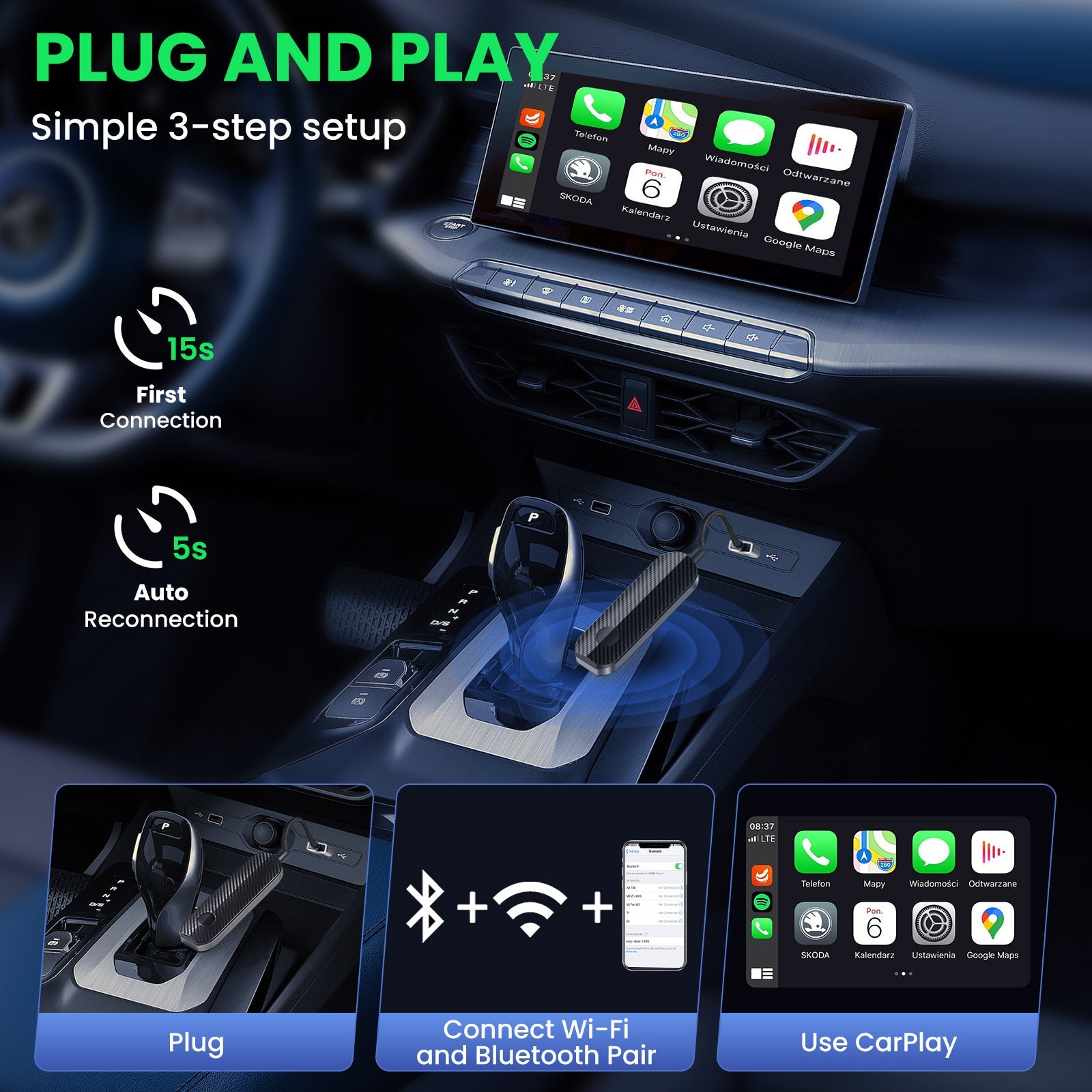 Lulaven Wireless CarPlay & Android Auto Adapter Upgrade Wired to Wireless in seconds - Instantly convert factory CarPlay/Android Auto systems without cables. Enjoy navigation, Spotify/Apple Music streaming, hands-free calls, and voice commands Lulaven